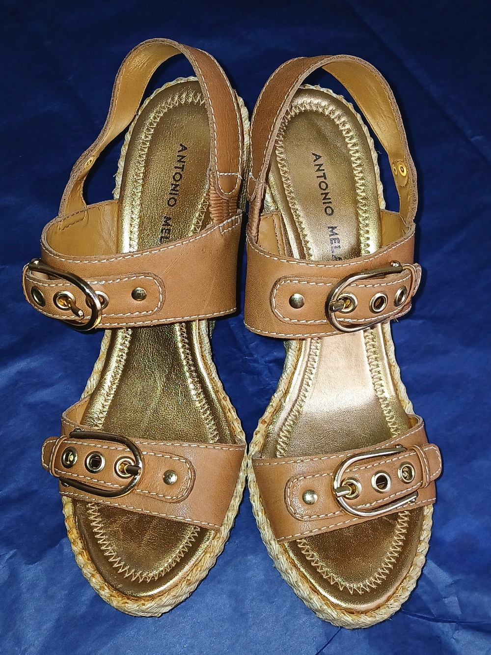 ANTONIO MELANI Tan Leather Wedge Sandals with Gold Accents